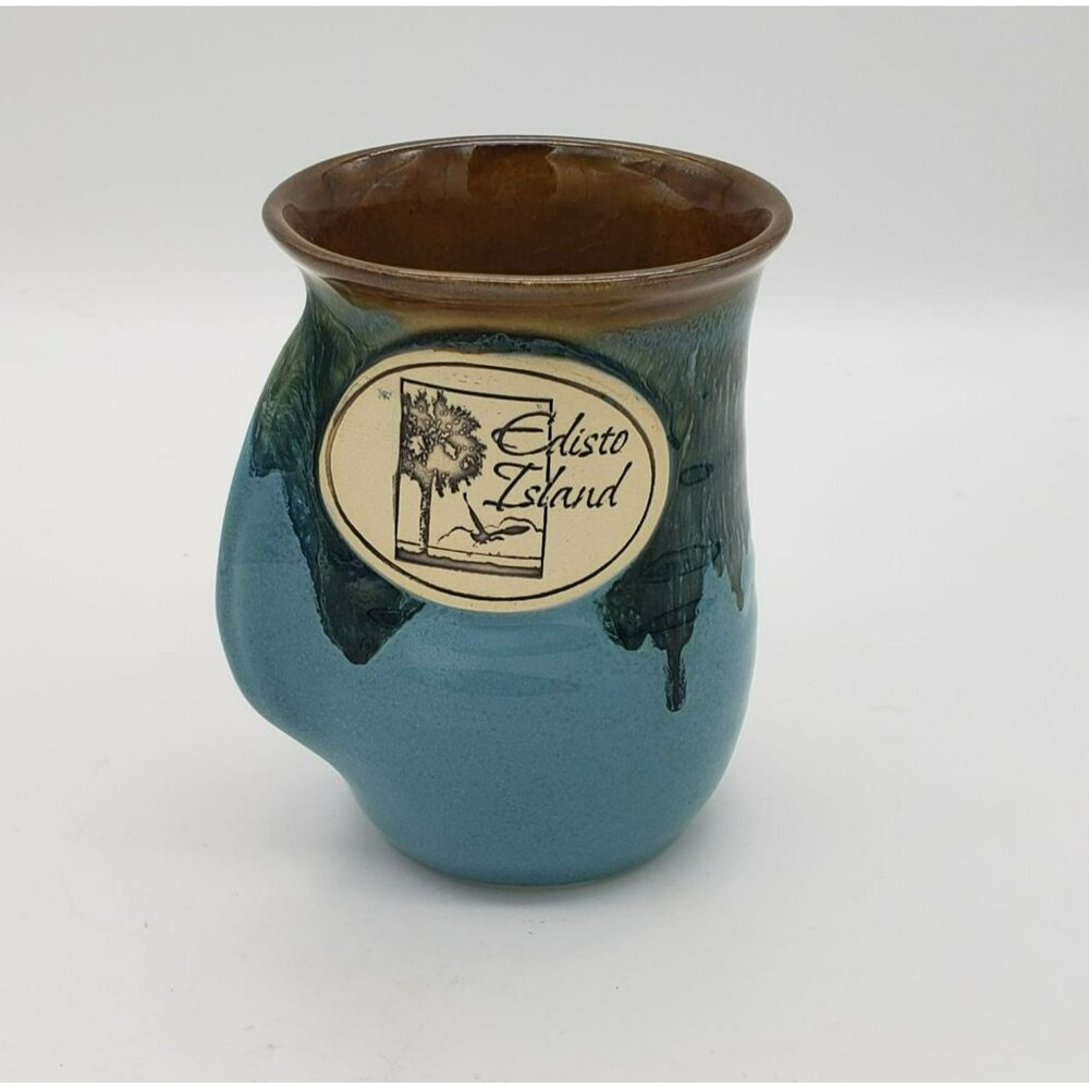 Neher Art Pottery Right Hand Warmer Mug Blue Brown Drip Glaze 2013 Edisto Island